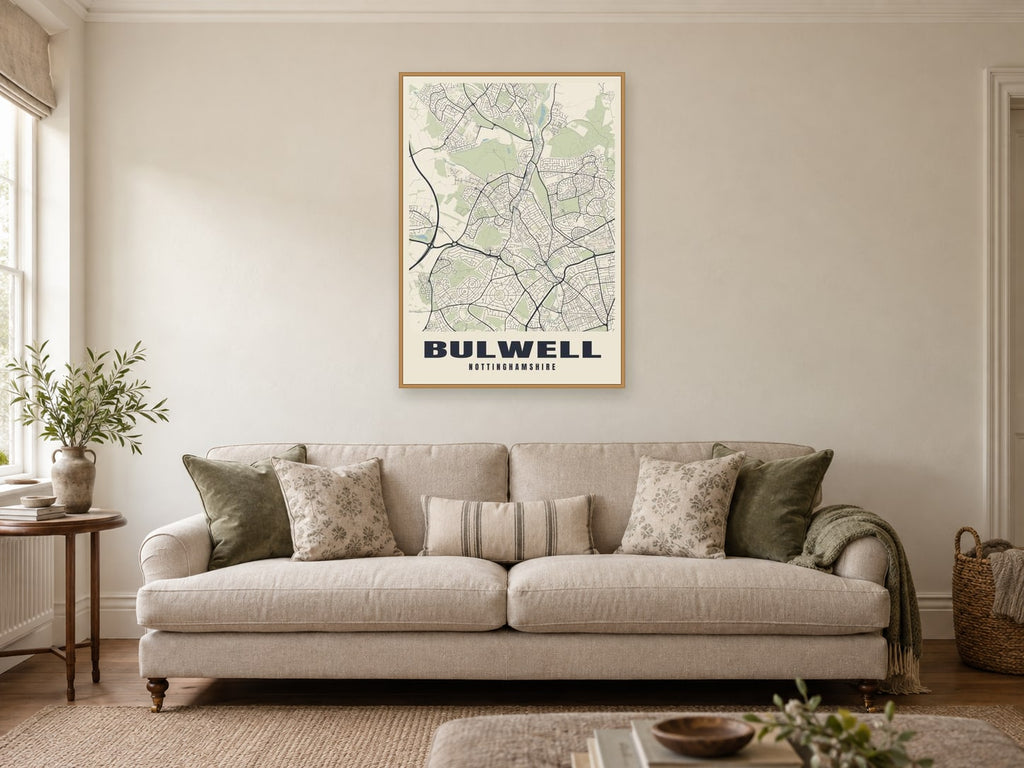 Bulwell Street Map Poster at A1, in a natural wood frame, in a sitting room
