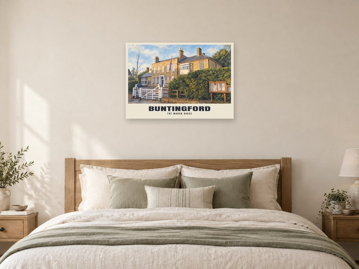 The Manor House, Buntingford Poster at A1, as a poster, above a bed