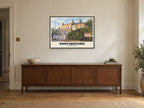 The Manor House, Buntingford Poster at A1, in a black frame, above a sideboard