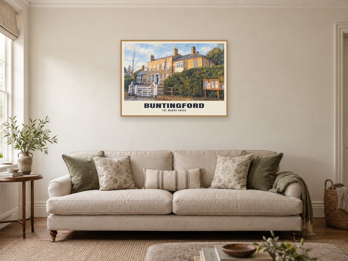 The Manor House, Buntingford Poster at A1, in a natural wood frame, in a sitting room