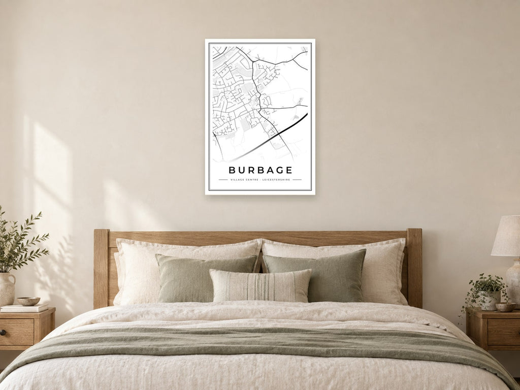 Burbage Village Centre Street Map Poster at A1, as a poster, above a bed