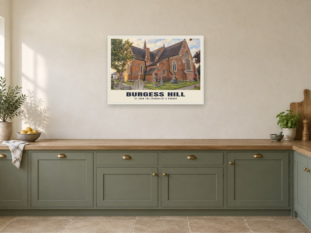 St John the Evangelist’s Church, Burgess Hill Poster at A1, in a white frame, in a kitchen