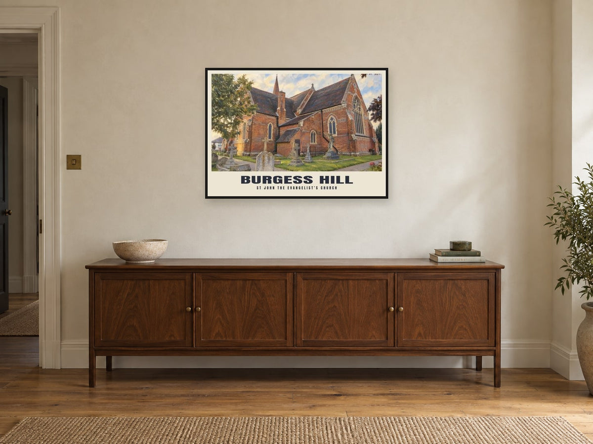 St John the Evangelist’s Church, Burgess Hill Poster at A1, in a black frame, above a sideboard