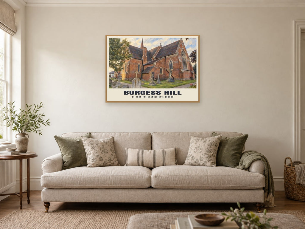St John the Evangelist’s Church, Burgess Hill Poster at A1, in a natural wood frame, in a sitting room
