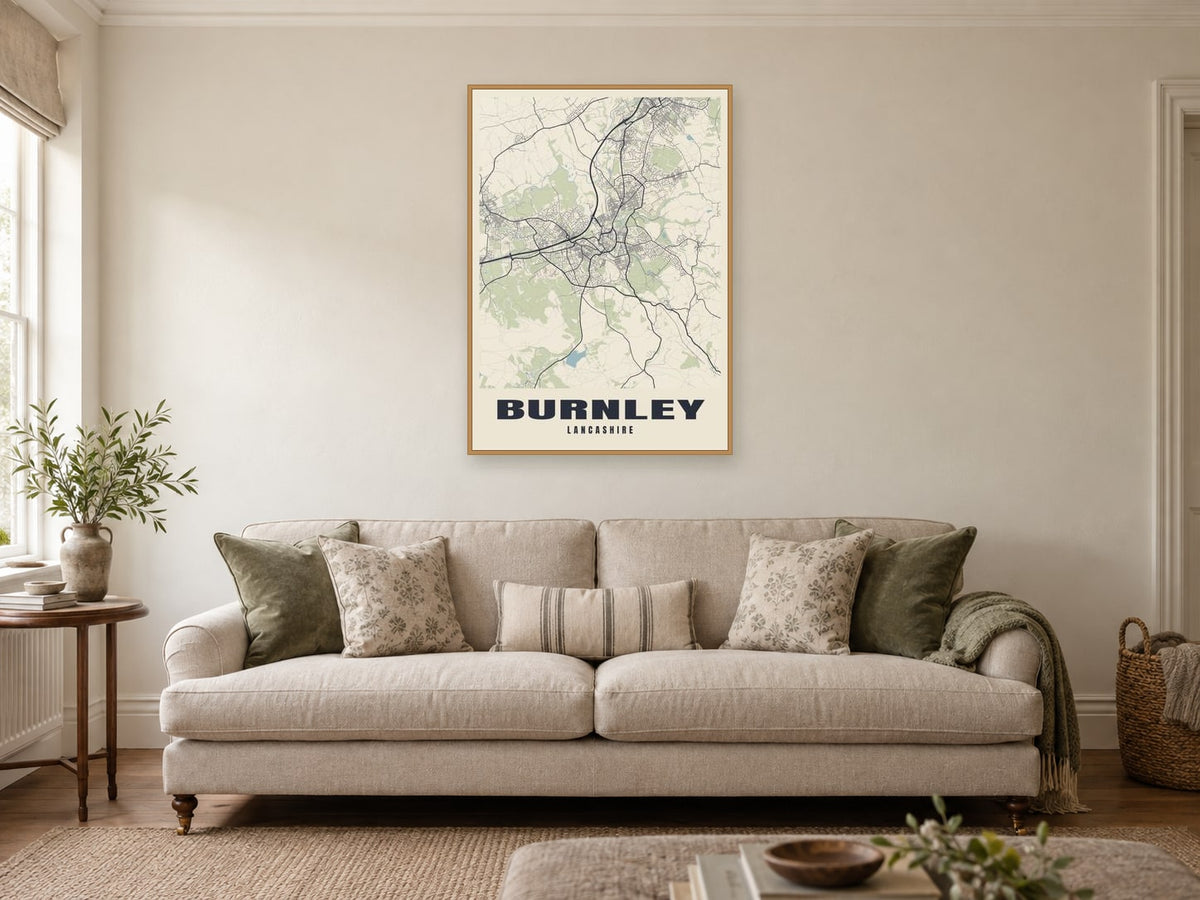 Burnley Street Map Poster at A1, in a natural wood frame, in a sitting room