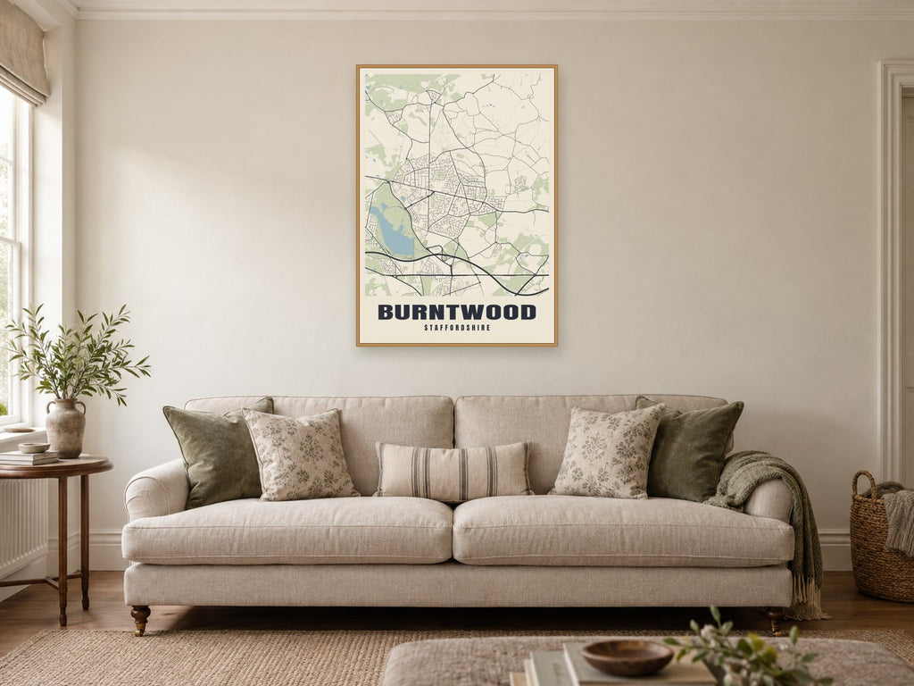 Burntwood Street Map Poster at A1, in a natural wood frame, in a sitting room