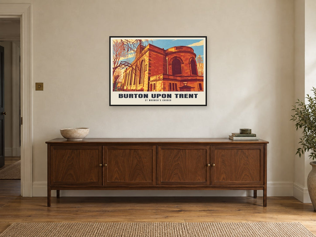 St Modwen's Church, Burton upon Trent Poster at A1, in a black frame, above a sideboard