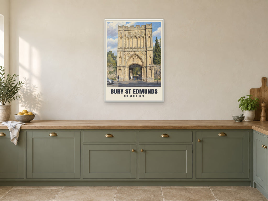 The Abbey Gate, Bury St Edmunds Poster at A1, in a white frame, in a kitchen