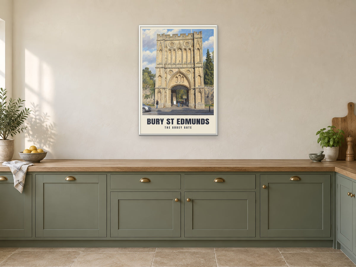 The Abbey Gate, Bury St Edmunds Poster at A1, in a white frame, in a kitchen