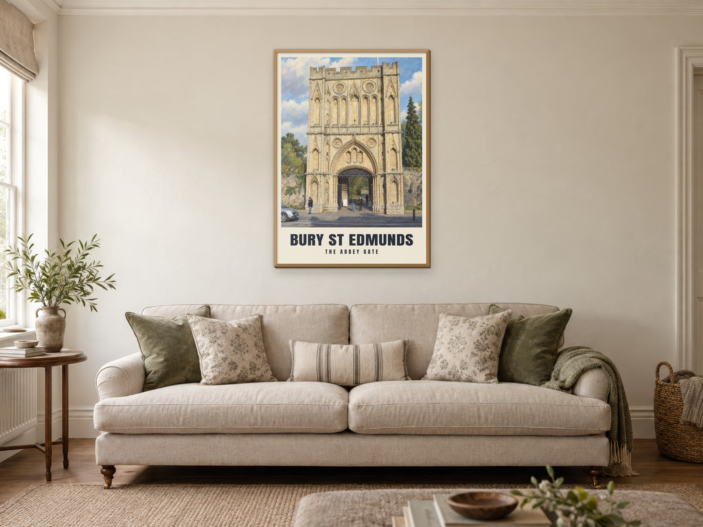 The Abbey Gate, Bury St Edmunds Poster at A1, in a natural wood frame, in a sitting room