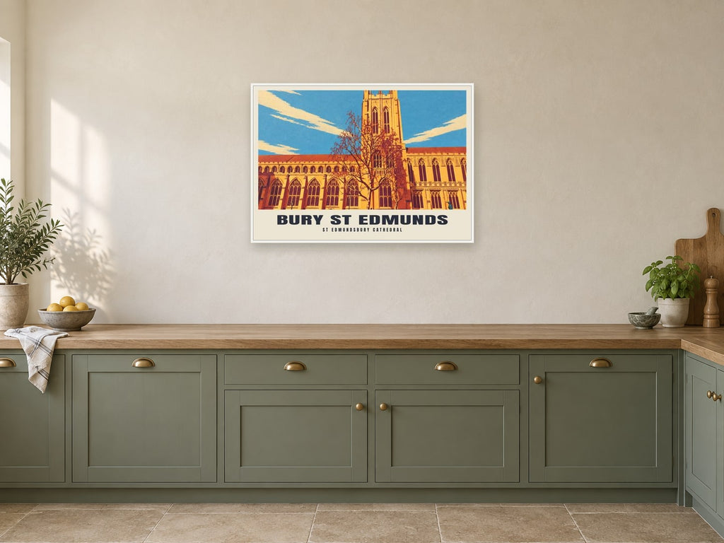 St Edmundsbury Cathedral, Bury St Edmunds Poster at A1, in a white frame, in a kitchen