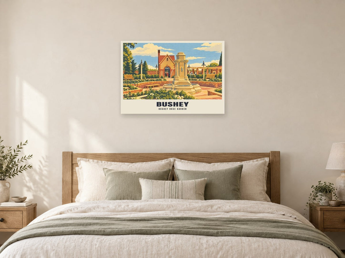 Bushey Rose Garden Poster at A1, as a poster, above a bed