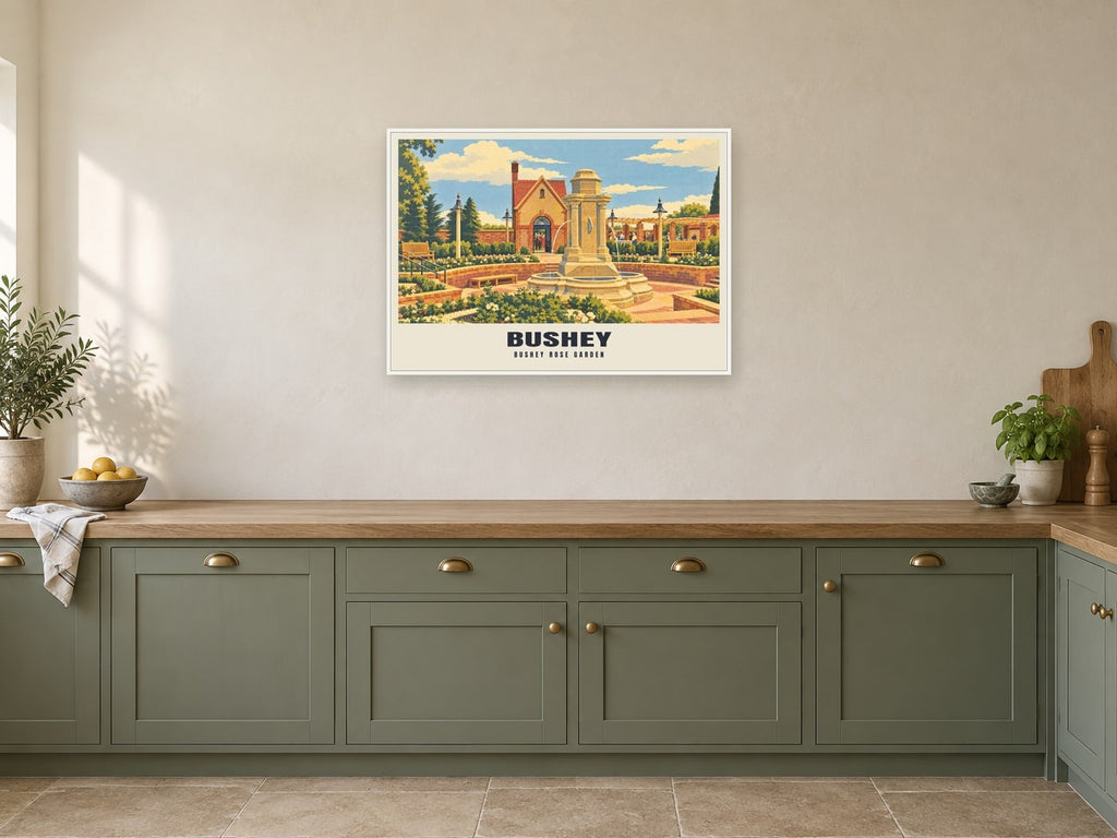 Bushey Rose Garden Poster at A1, in a white frame, in a kitchen