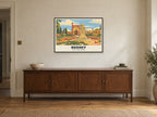 Bushey Rose Garden Poster at A1, in a black frame, above a sideboard