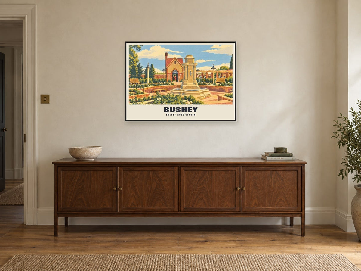 Bushey Rose Garden Poster at A1, in a black frame, above a sideboard