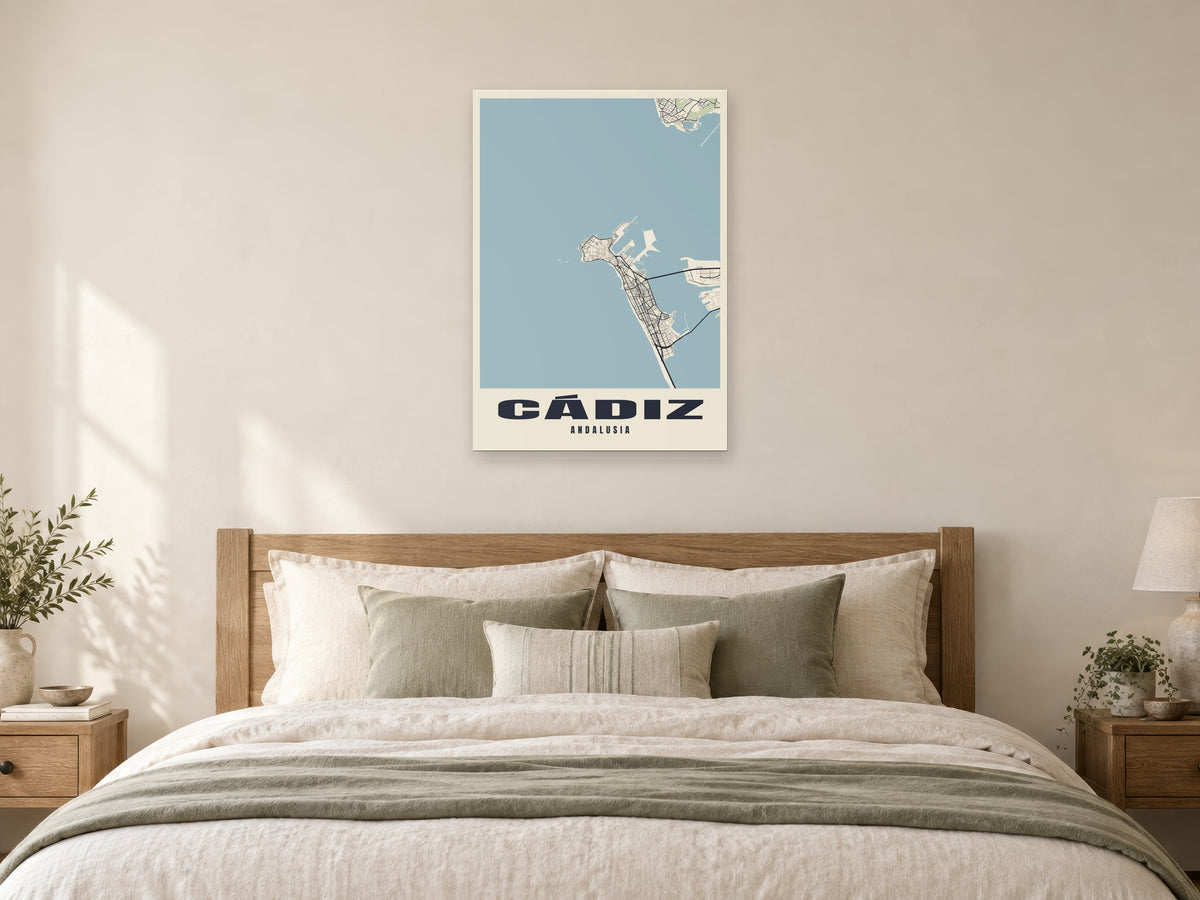 Cádiz Street Map Poster at A1, as a poster, above a bed