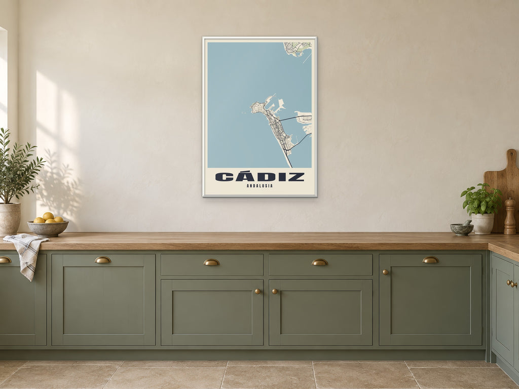 Cádiz Street Map Poster at A1, in a white frame, in a kitchen