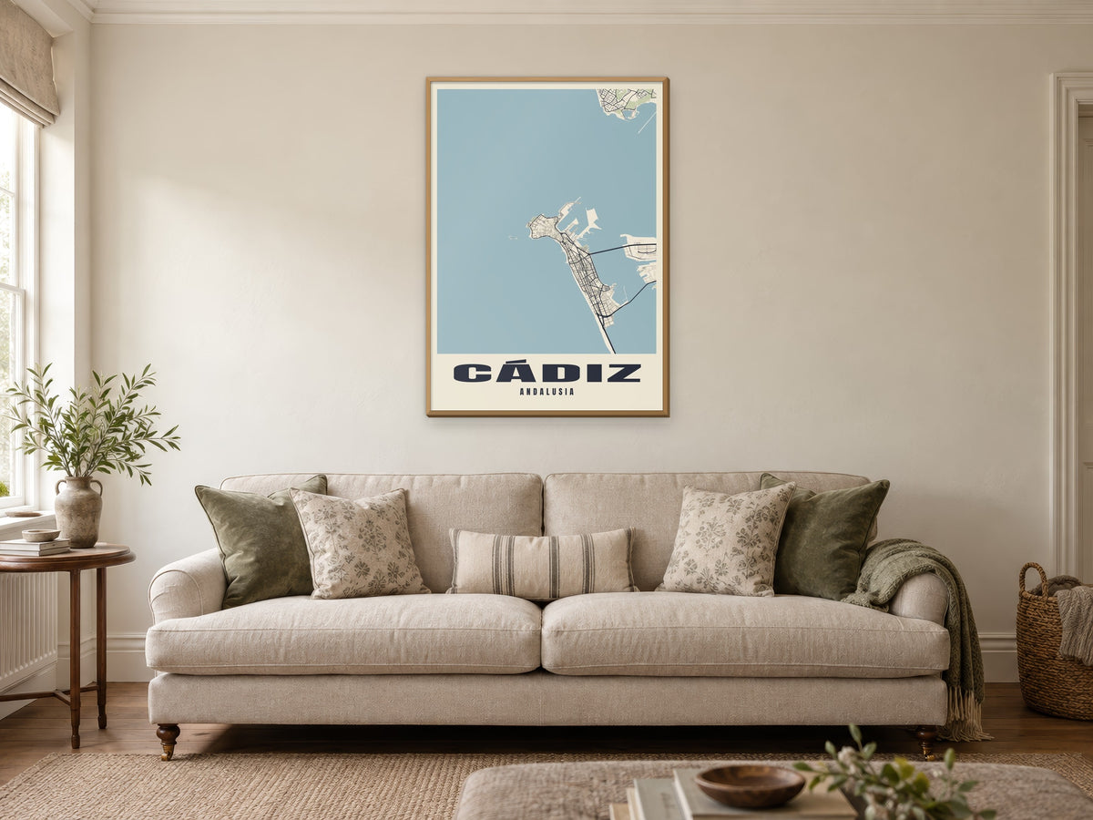 Cádiz Street Map Poster at A1, in a natural wood frame, in a sitting room