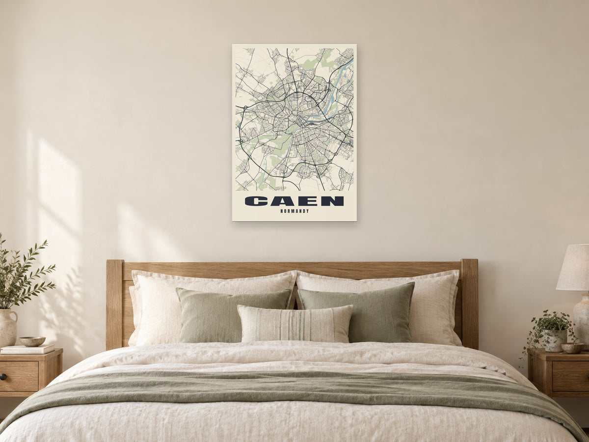 Caen Street Map Poster at A1, as a poster, above a bed