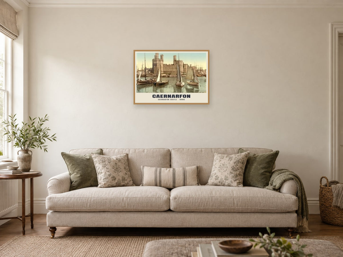 Caernarfon Castle Poster at A2, in a natural wood frame, in a sitting room