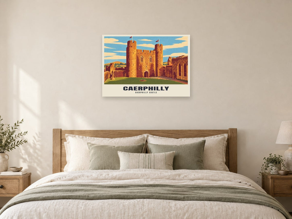 Caerphilly Castle Poster at A1, as a poster, above a bed