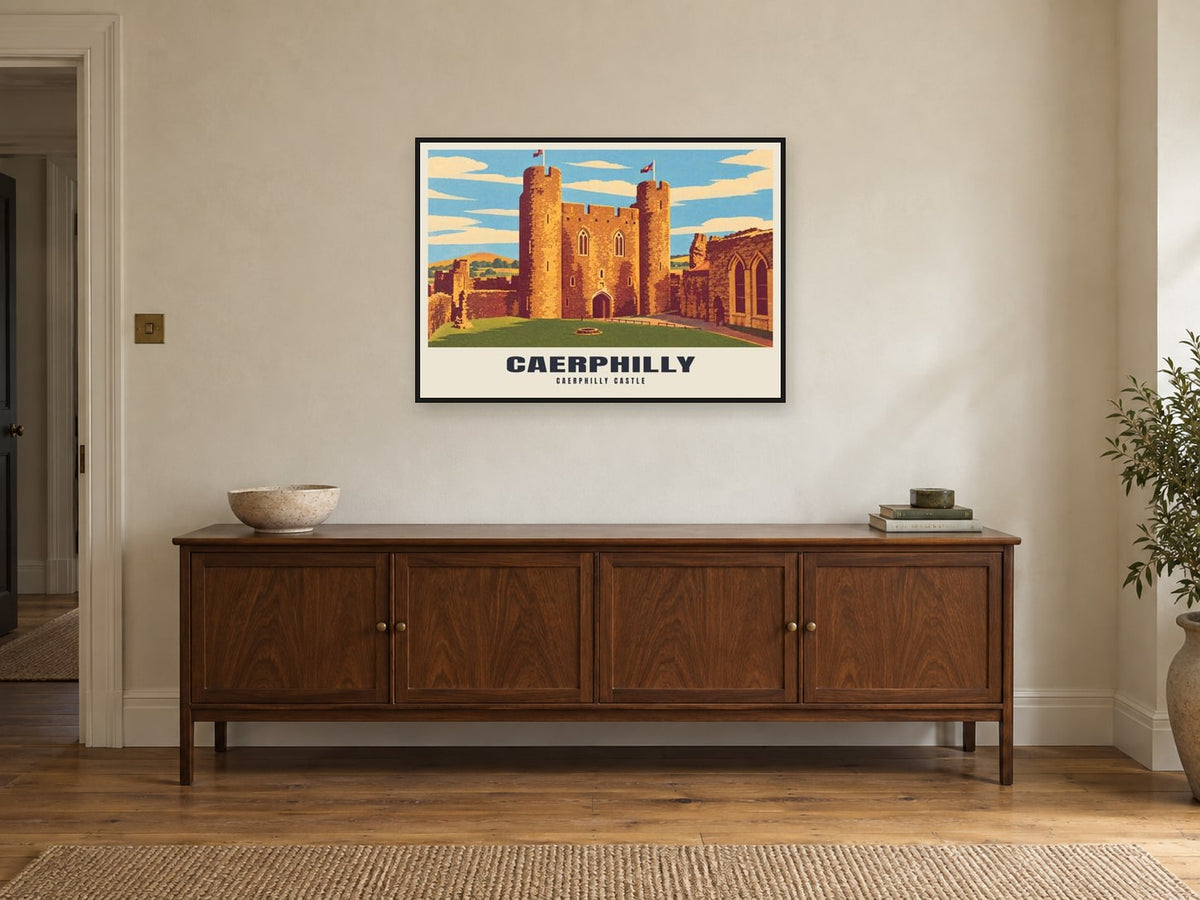 Caerphilly Castle Poster at A1, in a black frame, above a sideboard