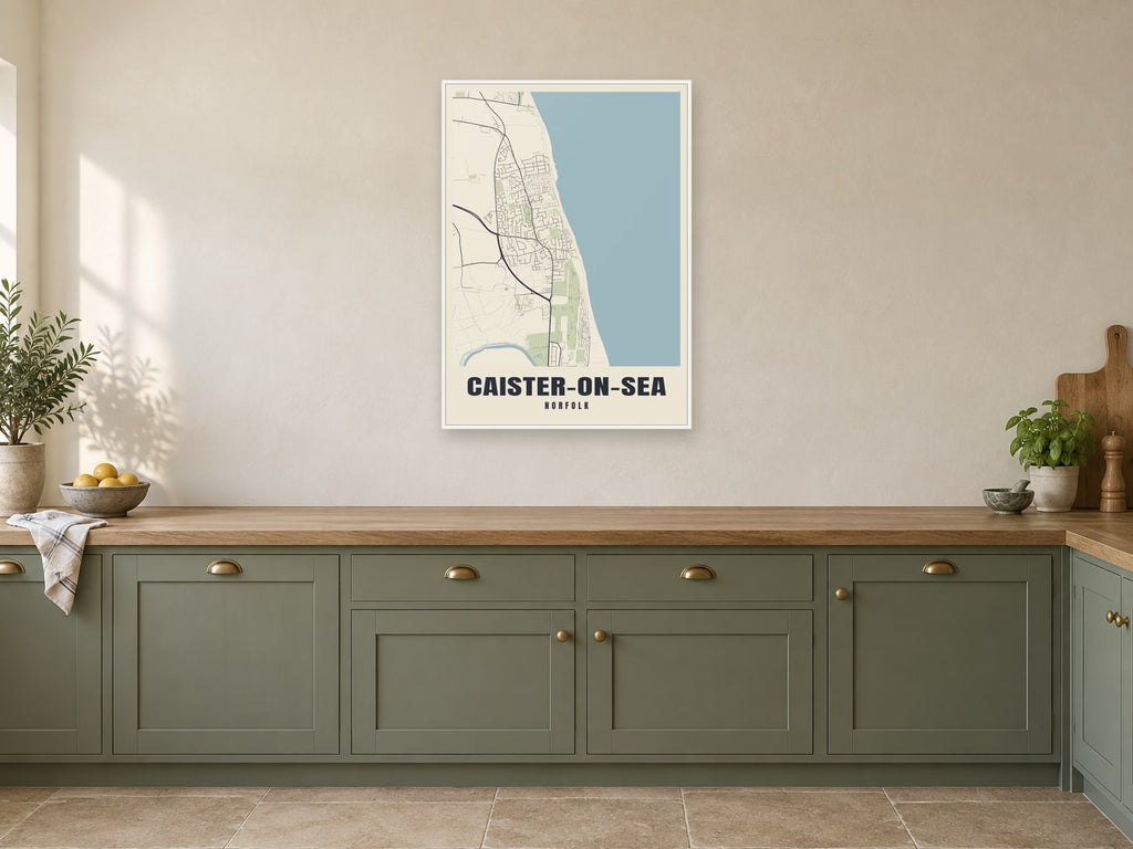 Caister-on-Sea Street Map Poster at A1, in a white frame, in a kitchen
