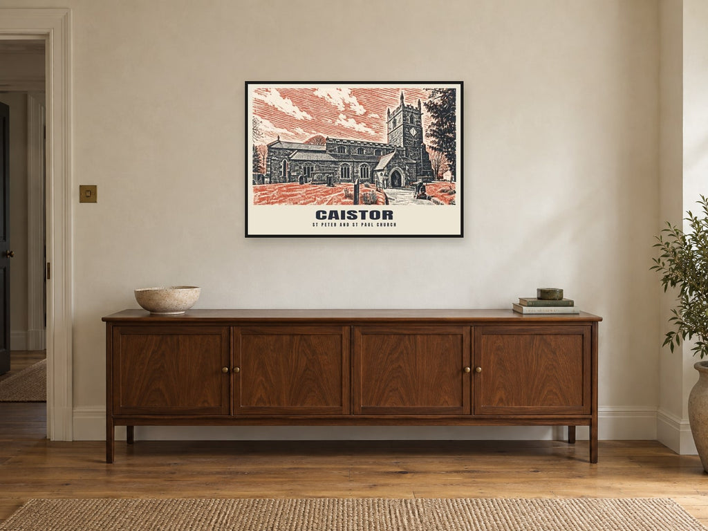 St Peter and St Paul Church, Caistor Poster at A1, in a black frame, above a sideboard