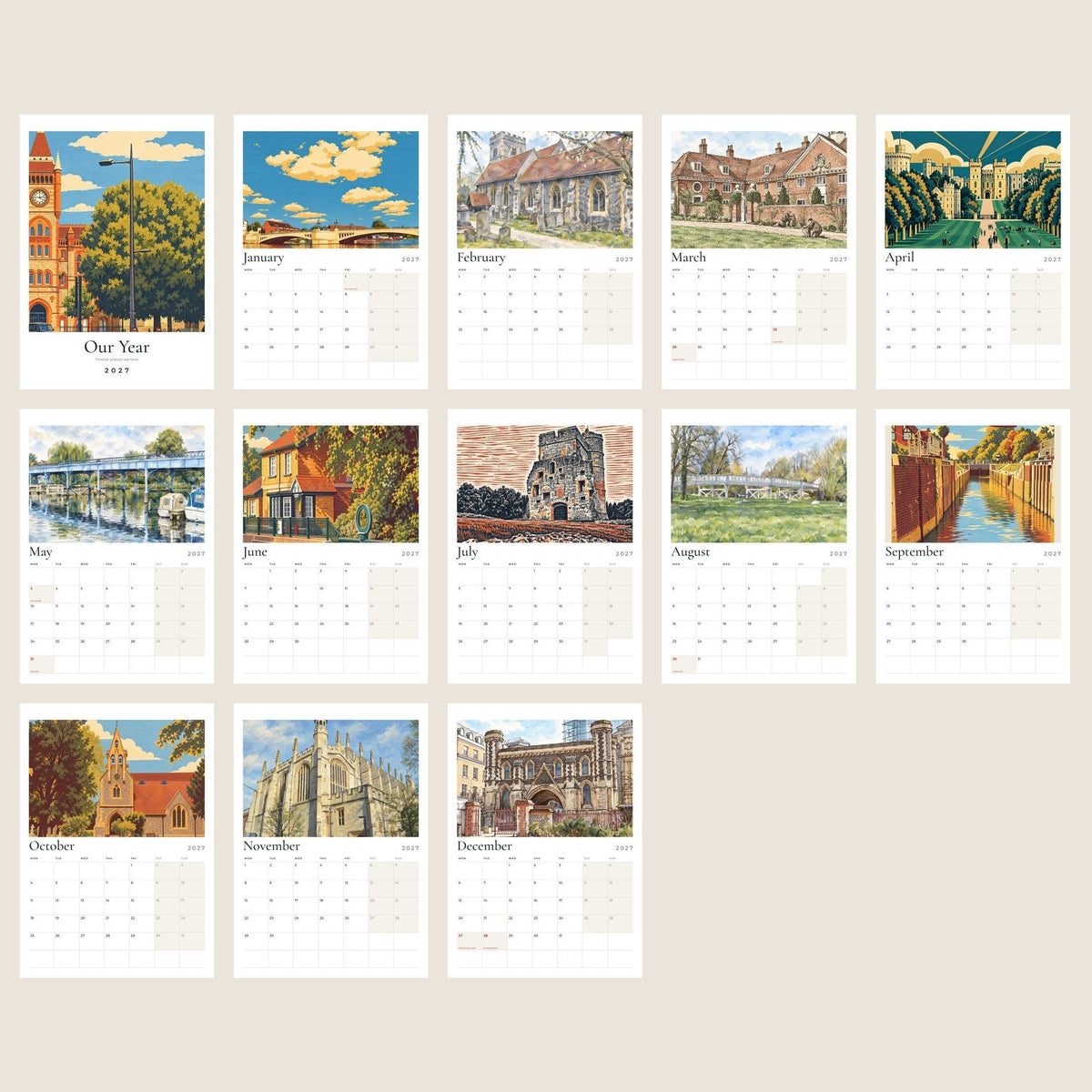 All thirteen pages of an example calendar: a cover and twelve months