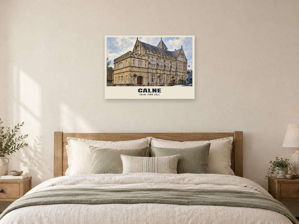 Calne Town Hall Poster at A1, as a poster, above a bed