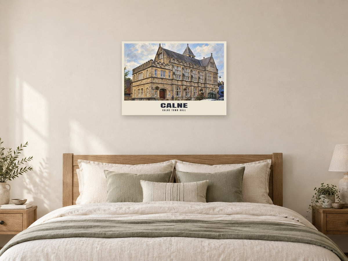 Calne Town Hall Poster at A1, as a poster, above a bed