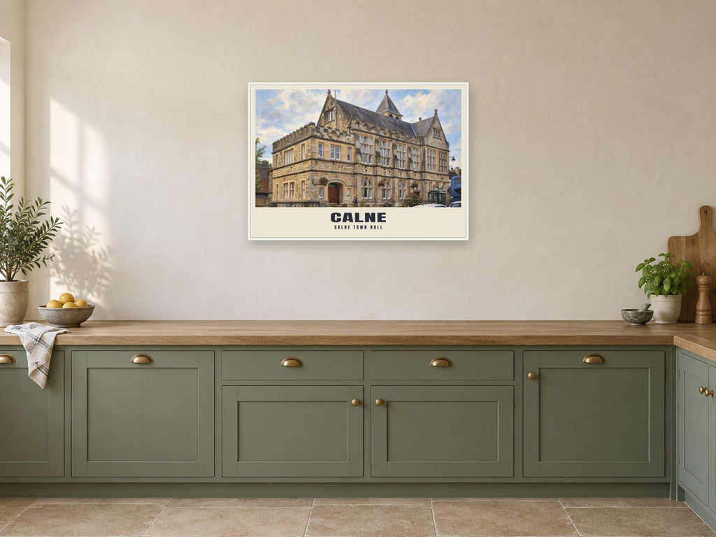 Calne Town Hall Poster at A1, in a white frame, in a kitchen
