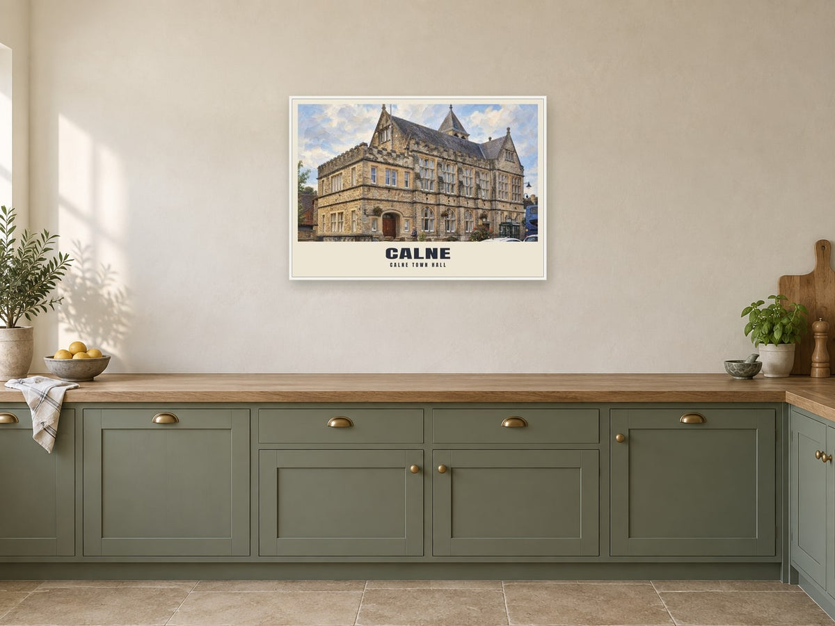 Calne Town Hall Poster at A1, in a white frame, in a kitchen