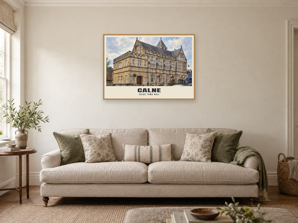 Calne Town Hall Poster at A1, in a natural wood frame, in a sitting room