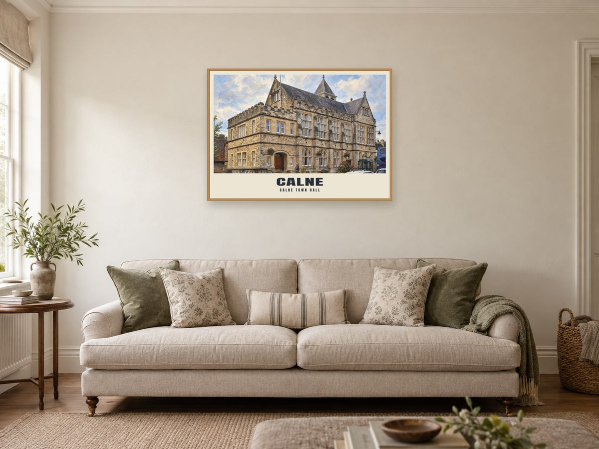 Calne Town Hall Poster at A1, in a natural wood frame, in a sitting room