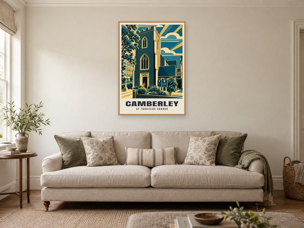 St Tarcisius Church, Camberley Poster at A1, in a natural wood frame, in a sitting room