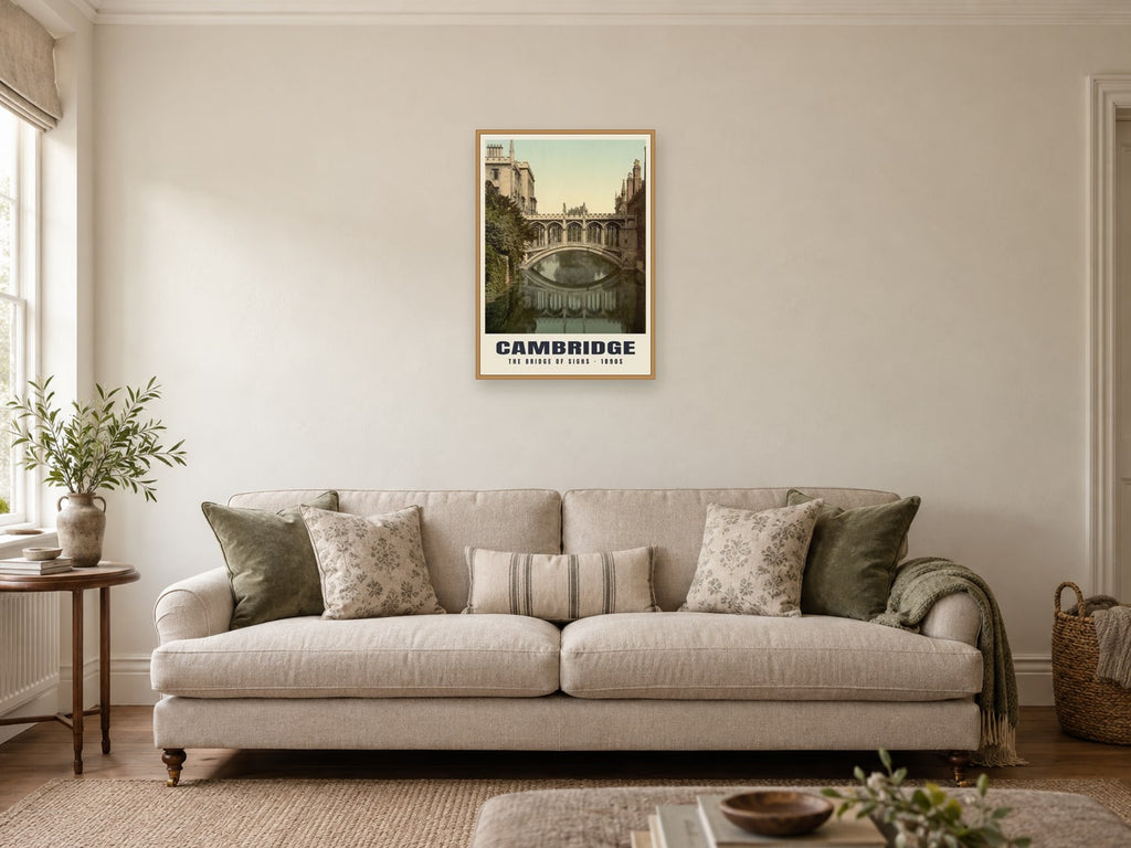 The Bridge of Sighs, Cambridge, 1890s Heritage Print at A2, in a natural wood frame, in a sitting room