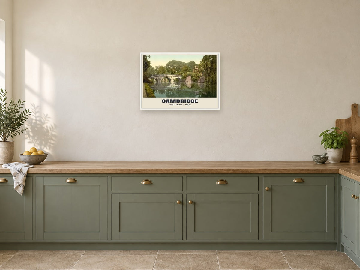 Clare Bridge, Cambridge, 1890s Heritage Print at A2, in a white frame, in a kitchen