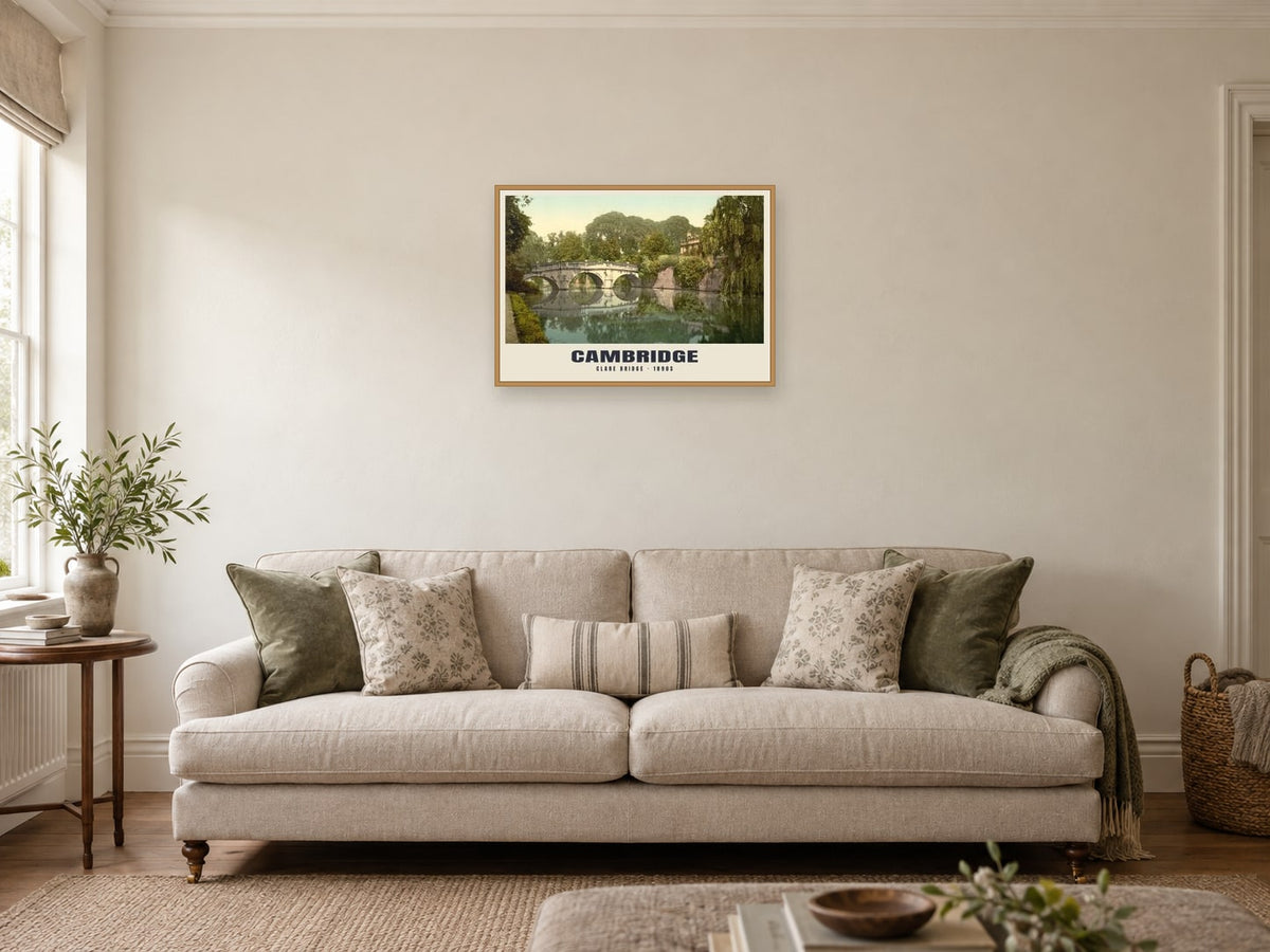 Clare Bridge, Cambridge, 1890s Heritage Print at A2, in a natural wood frame, in a sitting room