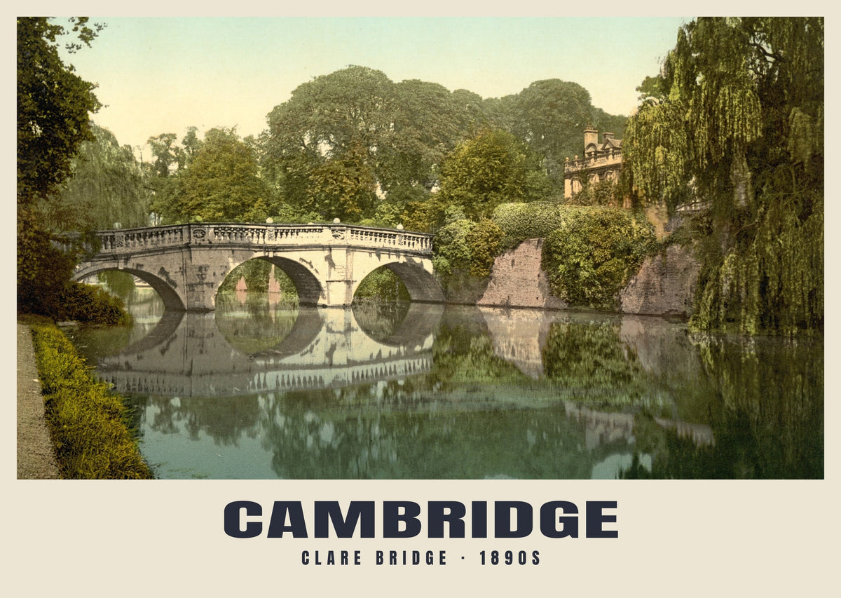 Clare Bridge, Cambridge, 1890s hand-coloured photochrom heritage print