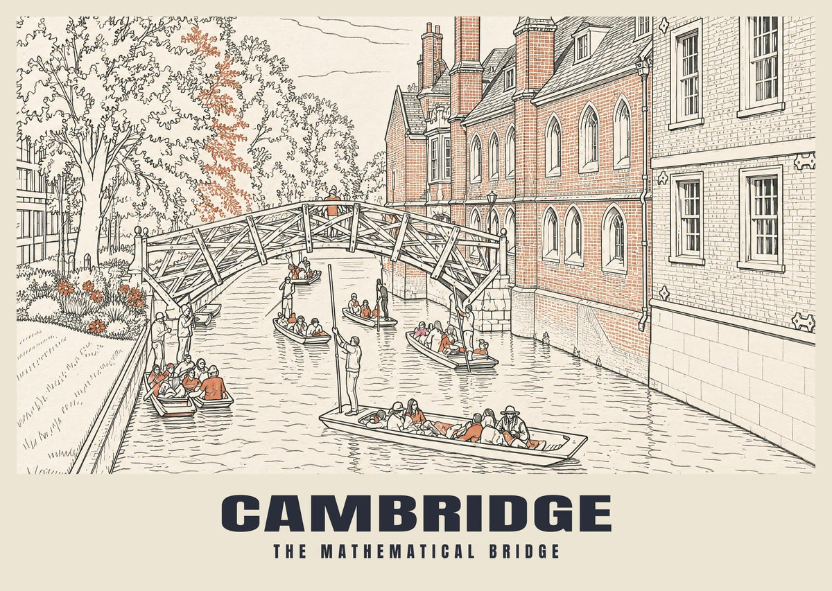 The Mathematical Bridge, Cambridge poster in the Line Art style
