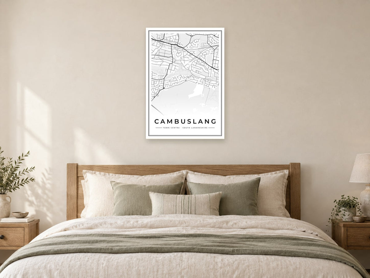 Cambuslang Town Centre Street Map Poster at A1, as a poster, above a bed