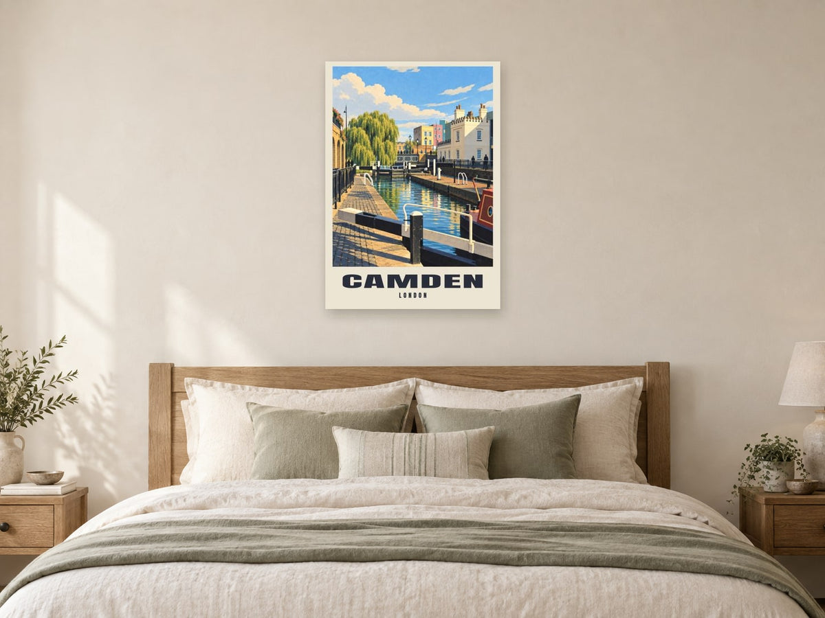 Camden Poster — Camden Lock at A1, as a poster, above a bed