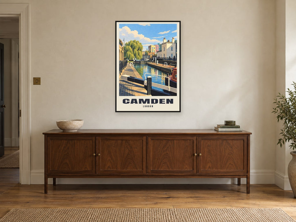 Camden Poster — Camden Lock at A1, in a black frame, above a sideboard