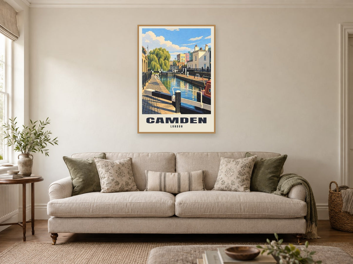 Camden Poster — Camden Lock at A1, in a natural wood frame, in a sitting room
