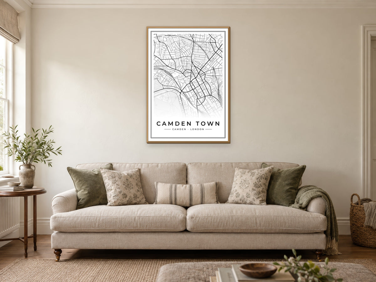 Camden Town Street Map Poster at A1, in a natural wood frame, in a sitting room
