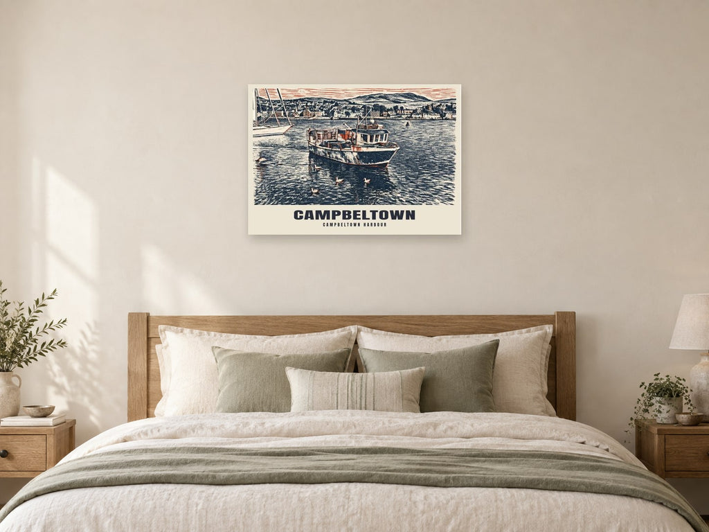 Campbeltown Harbour Poster at A1, as a poster, above a bed