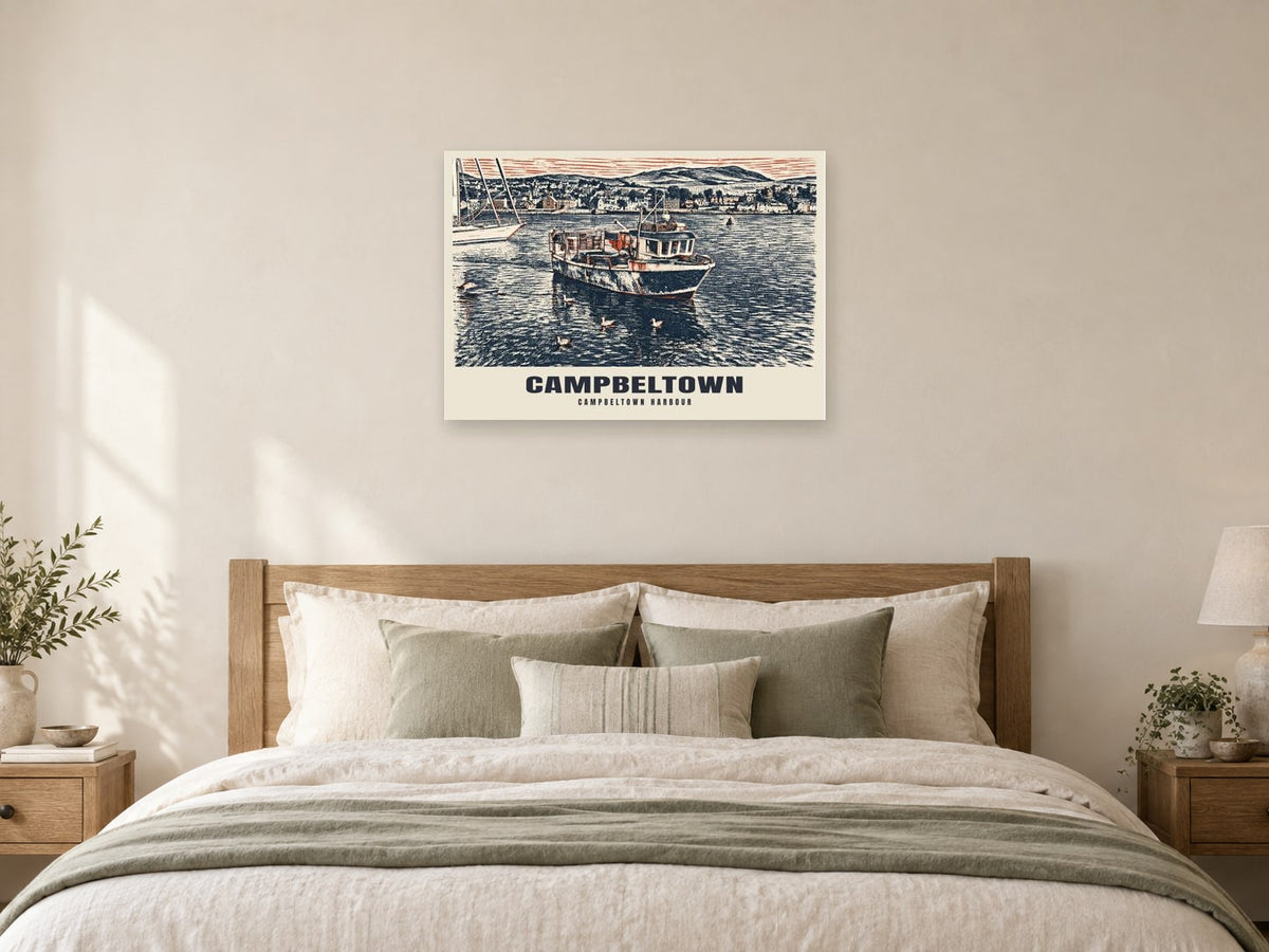 Campbeltown Harbour Poster at A1, as a poster, above a bed