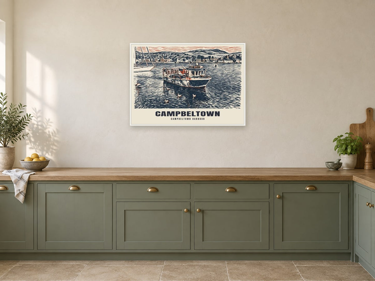 Campbeltown Harbour Poster at A1, in a white frame, in a kitchen