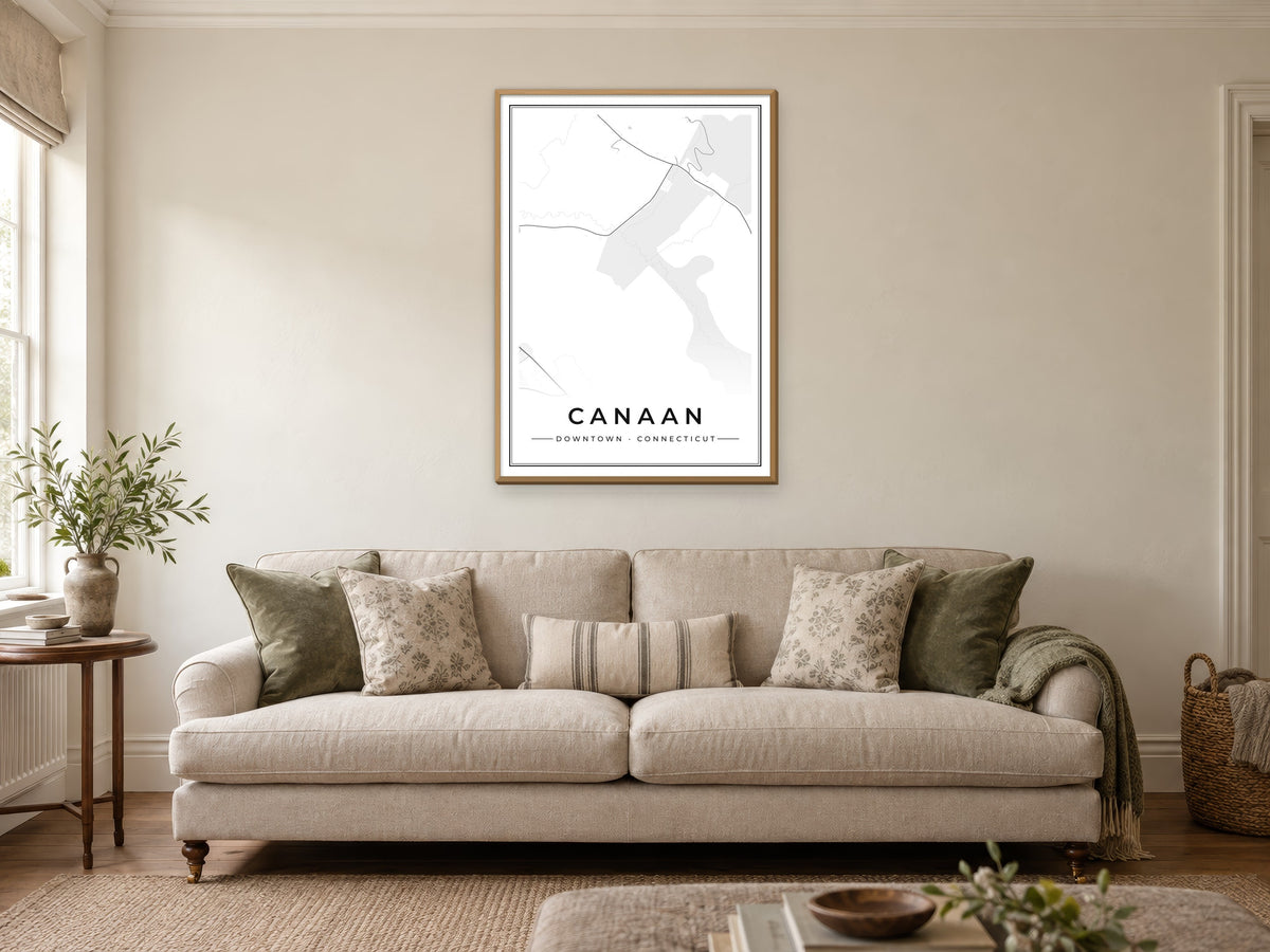 Canaan Downtown Street Map Poster at A1, in a natural wood frame, in a sitting room